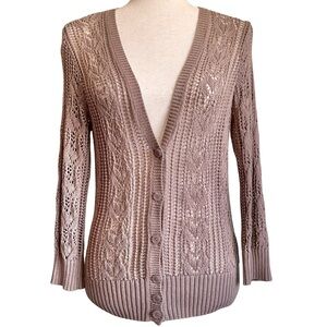 JEANNE‎ PIERRE Women’s Taupe Open Knit Crochet Button Up Cardigan V-Neck Small
